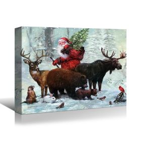 Framed Canvas Wall Art Decor Painting For Chrismas, Santa Claus with cute Animals Chrismas Gift Painting For Chrismas Gift, Decoration For Chrismas Ev