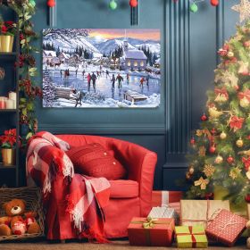 Framed Canvas Wall Art Decor Painting For Chrismas, Cosy Skateing on River scene Chrismas Gift Painting For Chrismas Gift, Decoration For Chrismas Eve