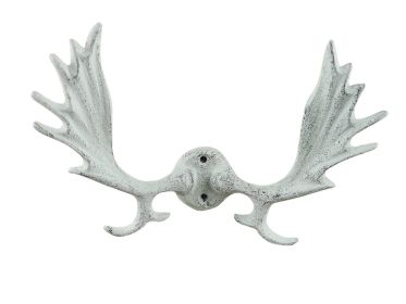 Whitewashed Cast Iron Moose Antler Decorative Metal Wall Hooks 8""