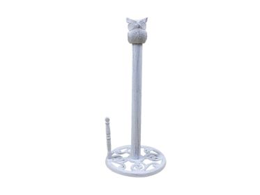 Whitewashed Cast Iron Sitting Owl Kitchen Paper Towel Holder 16""