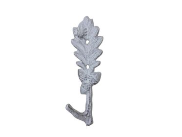 Whitewashed Cast Iron Oak Tree Leaf with Acorns Decorative Metal Tree Branch Hook 6.5""